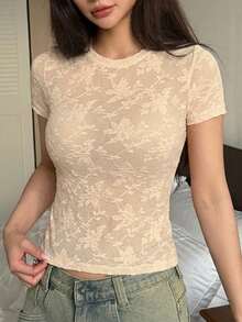 DAZY Lace Fitted Short Sleeve T-Shirt Summer Outfit Women's Pajama Top - Apricot - View 5