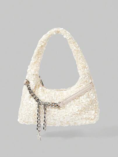 Kawaii Bolso de hombro para damas y mujeres, de moda, personalizado, simple, versátil, callejero, dulce y fresco para chicas, chicas populares, Y2k, con cadena de metal, bolso con lentejuelas, para despedida de soltera, bolsos de fiesta, bolso de graduación, accesorios de graduación, regalos para mujeres