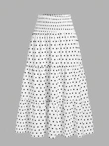 SHEIN MOD 女款抓皺高腰黑白波點印花層次裙，休閒 90 年代可愛 70 年代波希米亞秋季風格，適合大學、野餐、度假、早午餐 - 白色 - 查看 5