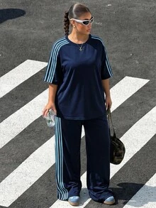 Muchica Navy Blue Plus Size Short Sleeve Top And Pants 2 Pieces Set - Navy Blue - View 3