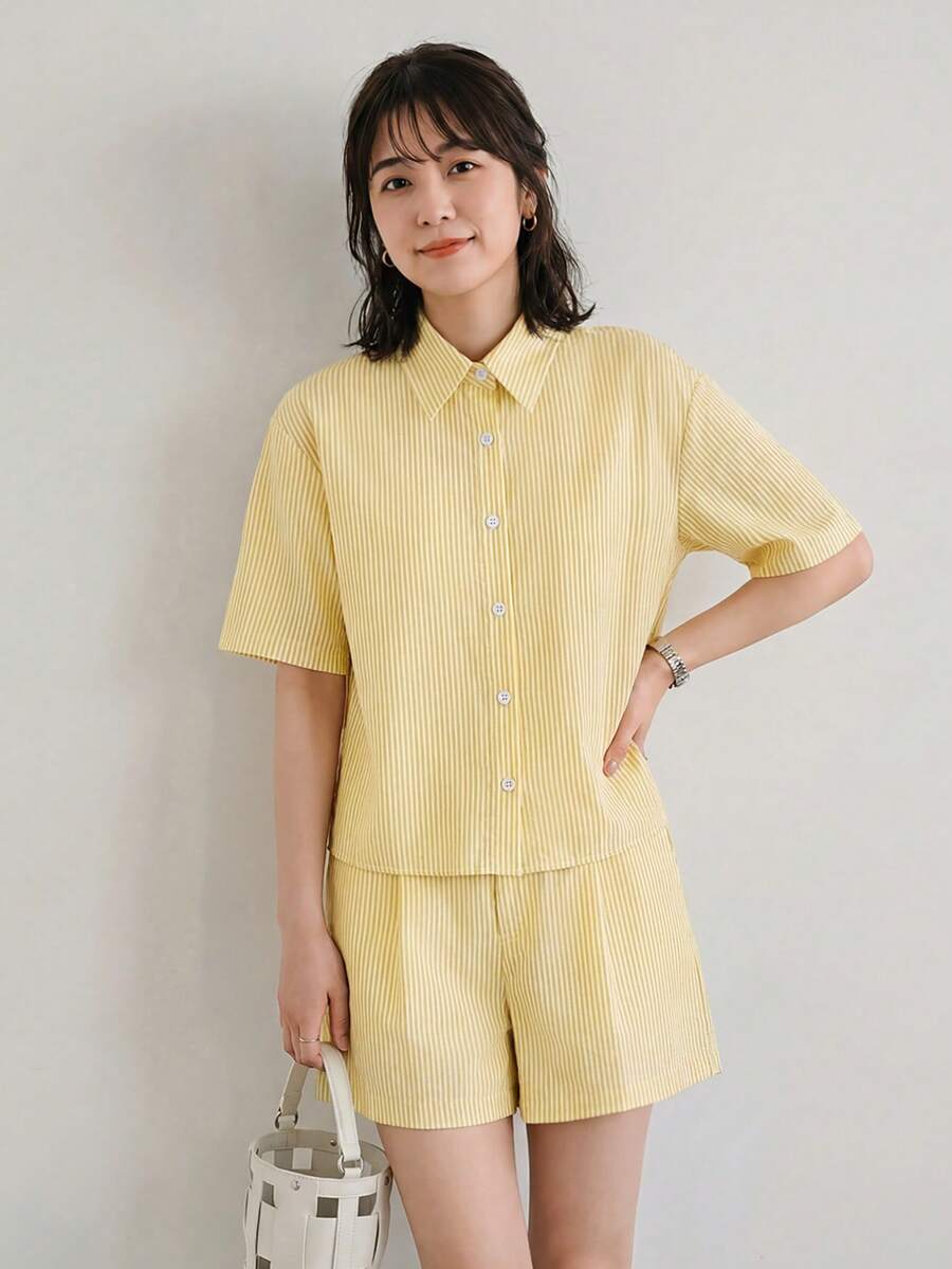 Yumoku 2pcs Women's Linen Striped Shirt & Shorts Set, Casual Summer Holiday Wear,Casual - Yellow - View 1