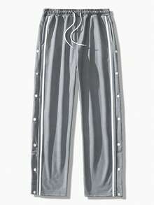 Manfinity Homme Loose Men Contrast Tape Button Side Drawstring Waist Sweatpants - Light Grey - View 3