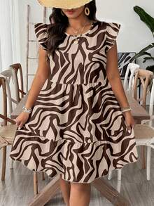 SHEIN VCAY Chic Boho Zebra-Print Tiered Mini Dress With Flutter Sleeves, Ruffled Hem And Relaxed Babydoll Silhouette Vacation Beige Summer - Multicolor - View 1