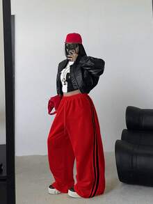 POPSWAY Plus Size Slouchy Sports Style Yellow Striped Sweatpants For Women, High Waist Drawstring Loose Wide Leg Pants, Autumn 2025 - Red - View 6