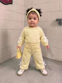SHEIN 2 pièces Ensemble sweat-shirt à nœud tricoté et leggings de couleur unie pour bébé fille - Jaune citron - Voir 4