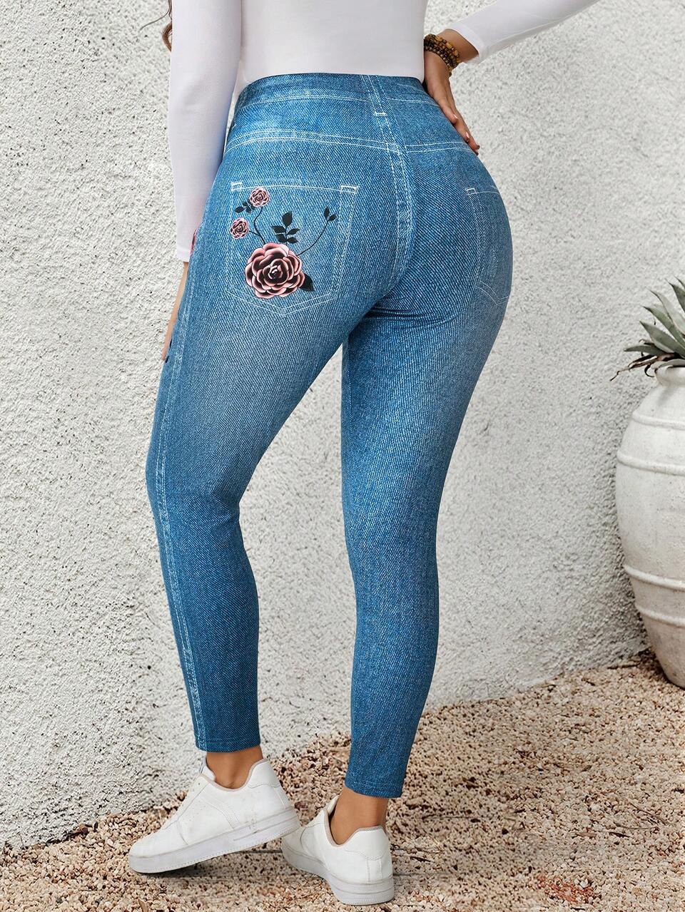Women's Plus Size Denim Effect Print Leggings Suitable For Dating,Vacation Daily Outings, Gatherings, Outdoor Activities, Commuting, Streetwear