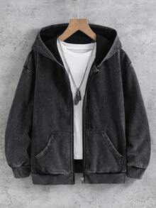 SHEIN 青少年男孩純色連帽拉鍊休閒日常穿著運動衫 - 深灰色 - 查看 1
