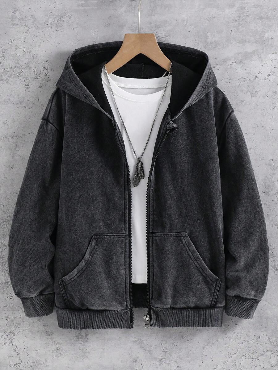 SHEIN 青少年男孩純色連帽拉鍊休閒日常穿著運動衫 - 深灰色 - 查看 1