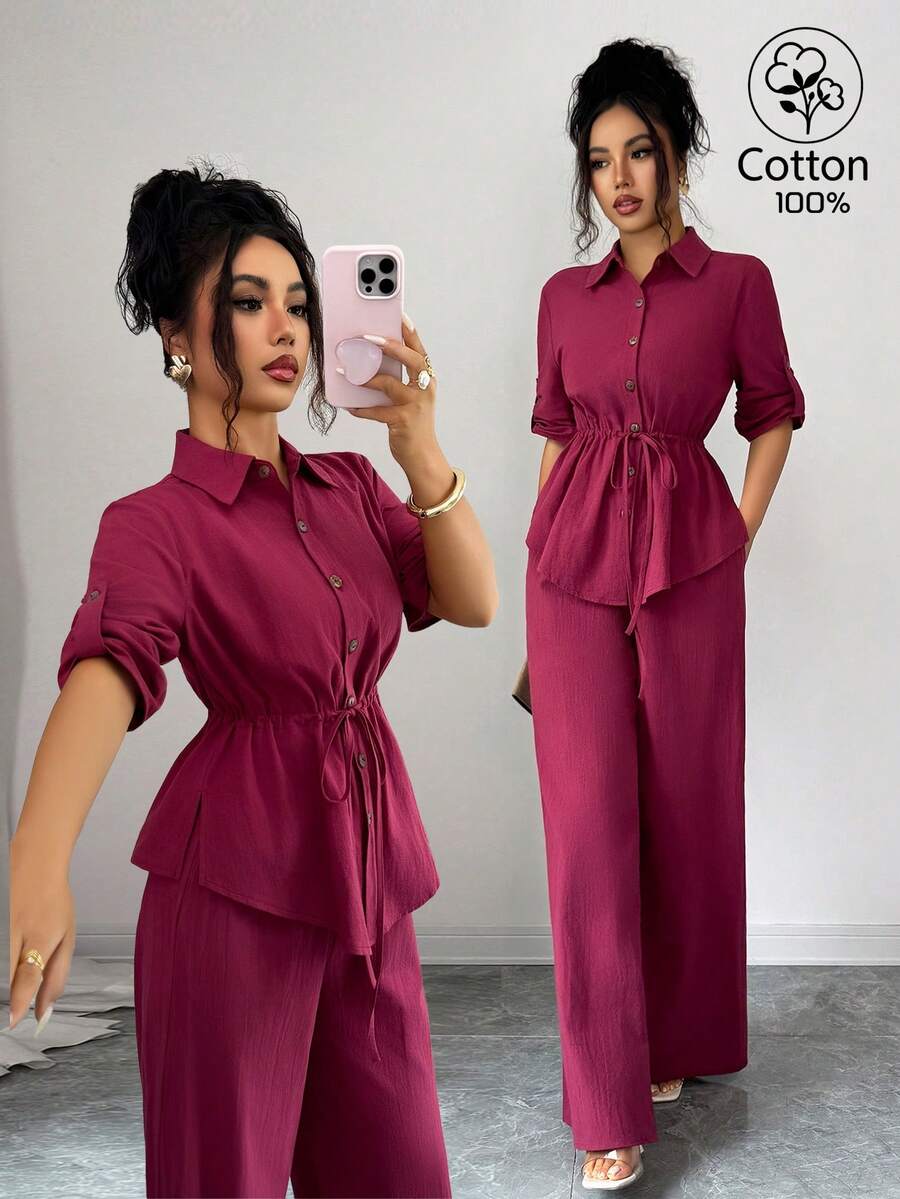 Elenzga Women's Autumn Casual Cotton Solid Color Cinched Waist Top Long Pants 2 Pieces Set Home Commute Vacation Office Brunch Bright Magenta - Burgundy - View 1