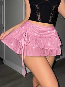 Sweetina Ultra Low Waist Ruched Tie Slit High Hem Rhinestone Mesh Mini Skirt - Pink - View 5