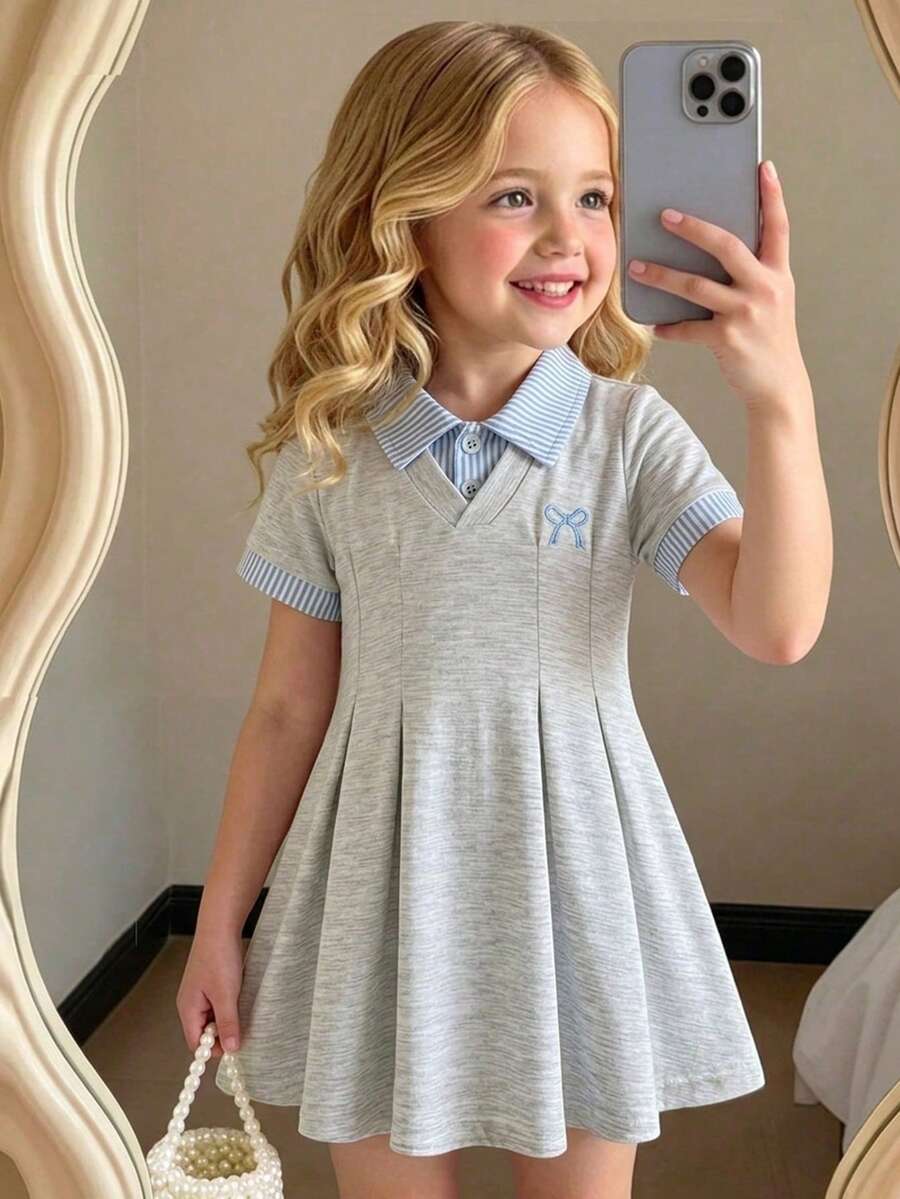 Souflis Souflis 1pc Toddler Kid Girl Preppy Striped Patchwork Polo Collar Bow Short Sleeve Pleated Soft A-Line Dress For School Daily Party Summer Casual Outfit - Baby Blue - View 1