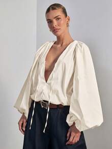 Hauture Women's Volume Balloon Long Sleeve Need V Neck Bodysuit Sexy Office Wear - Apricot - View 4