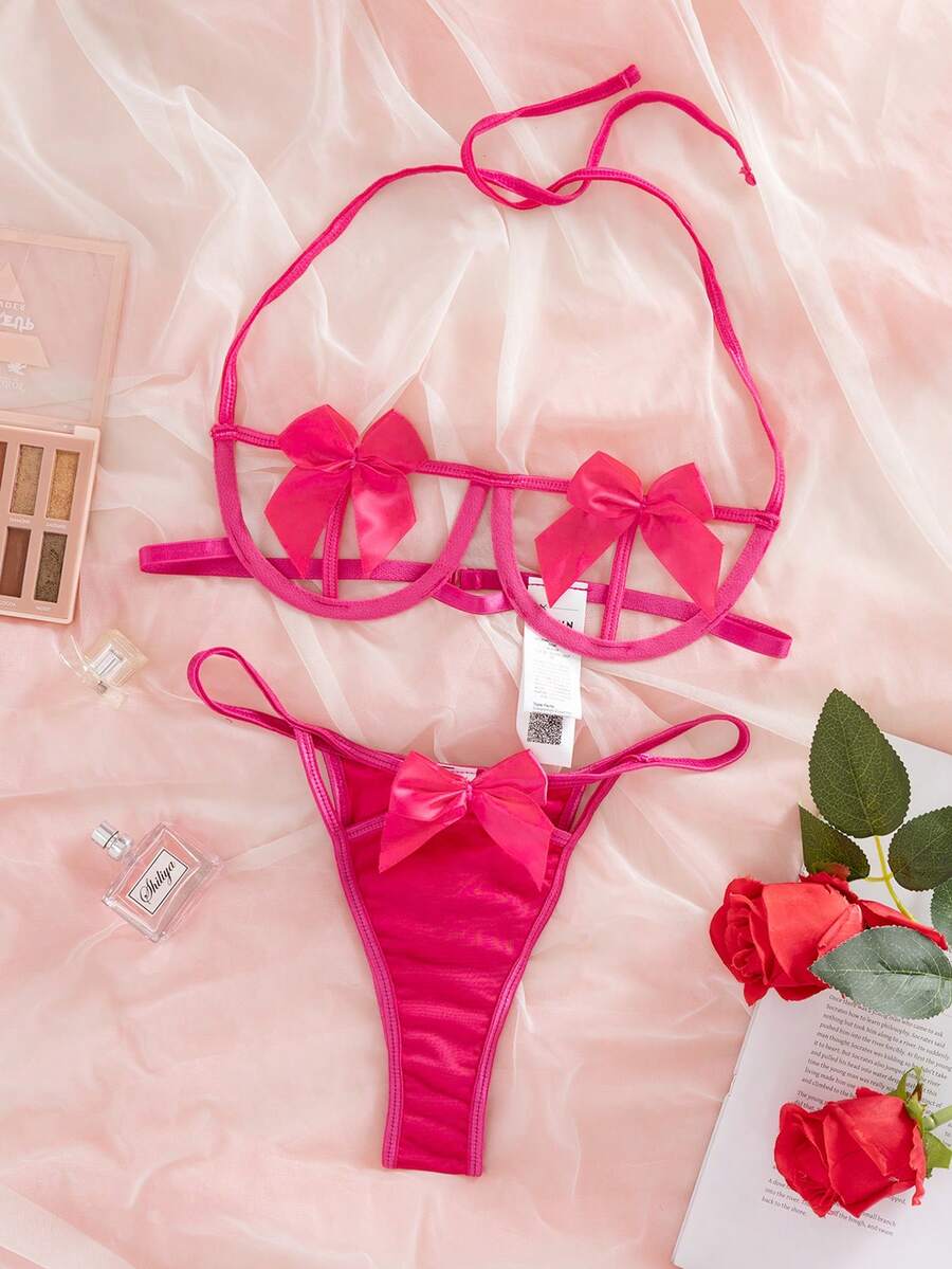 SHEIN Set de lencería con abertura con diseño de lazo con aro - Rosa Fucsia - Ver 1
