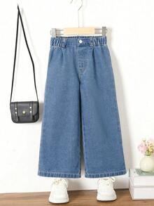 SHEIN Playful Pals 少女寬鬆輕便休閒度假牛仔褲 夏季假期秋季適用 - 中等水洗藍 - 查看 2