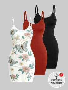 SHEIN LUNE CURVE Vestido mini básico casual sexy de talla grande con tirantes finos, ajustado, con bolsillos, de tela acanalada, estampado de leopardo y color liso - Multicolor - Ver 1
