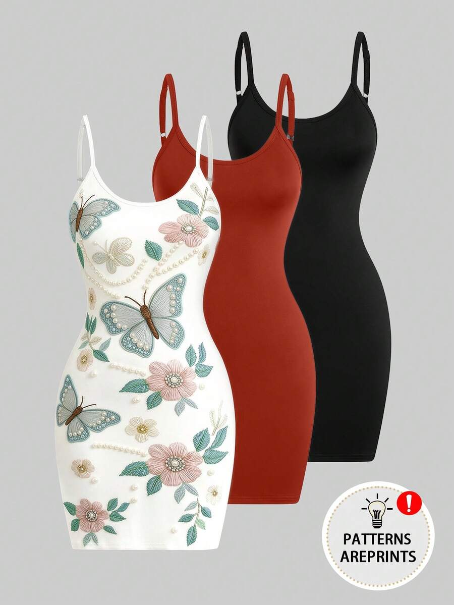SHEIN LUNE CURVE Vestido mini básico casual sexy de talla grande con tirantes finos, ajustado, con bolsillos, de tela acanalada, estampado de leopardo y color liso - Multicolor - Ver 1