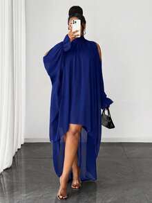 Maweii Vestido elegante de talla grande de unicolor con cuello alto, hombros descubiertos, corto por delante y largo por detrás para otoño - azul real - Ver 4