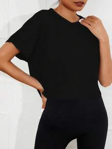 Dewbera Dewbera Solid Raglan Sleeve Crop Sports Tee Gym Top Fitted Shirtworkout Tank Top - Black - View 3
