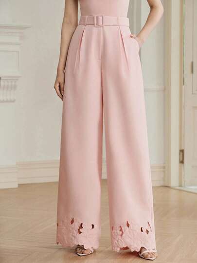 Anewsta Pantalon droit à jambes larges rose élégant et sophistiqué pour femme, pantalon de costume long pour femme, pantalon long rose brodé pour femme