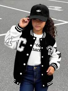 SHEIN Explorewe Streecool 青少年女孩秋冬休閒舒適時尚設計日常百搭字母數字卡通圖案棒球夾克 - 黑色 - 查看 1