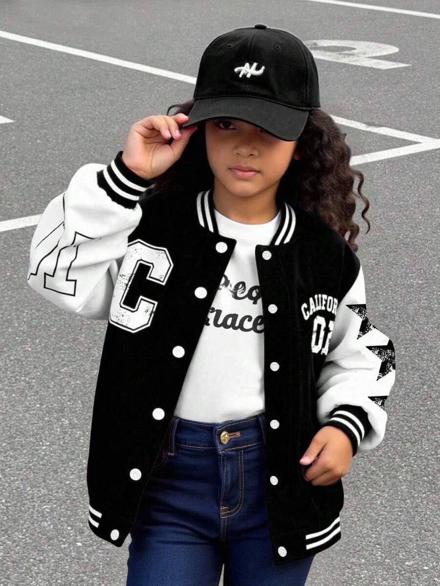 SHEIN Explorewe Streecool 青少年女孩秋冬休閒舒適時尚設計日常百搭字母數字卡通圖案棒球夾克 - 黑色 - 查看 1