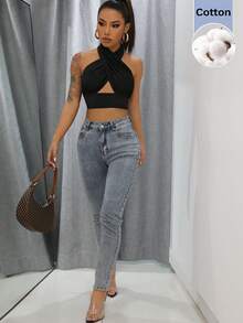 SHEIN BAE Top de tirantes de punto negro con cuello halter, fruncido y superpuesto - Negro - Ver 5