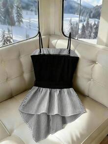 Franclia Women's Striped Patchwork Asymmetrical Hem Cami Top - Black - View 2