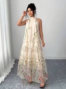 Elenzga Damen Große Größen gewebtes elegantes mintgrünes Kleid mit schwerer Stickerei, Neckholder, Mori-Stil, Mesh-Volumenrock, ärmellos, Feen-Urlaubskleid - Verschiedenfarbig - Übersicht 3
