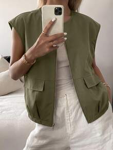 SHEIN Unity Women's Casual Elegant Utility Sleeveless Vest, Olive Green Loose Fit, Front Pocket Zipper Design, Daily Commute, Work Daytime Summer - Olive Green - View 7