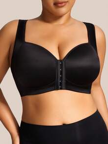 SHEIN 1 pieza Sujetador de talla grande con cierre delantero, tirantes anchos y cobertura completa - Negro - Ver 3