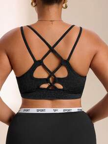 SHEIN Rhythm Era Fashionable Backless Sports Bra Seamless Leopard Print Plus Size Women's Sports Bra Criss-Cross Back Design - Dark Grey - View 3