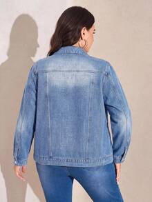 SHEIN LUNE 大尺碼女款水鑽長袖單排扣休閒牛仔夾克 - 藍色 - 查看 2