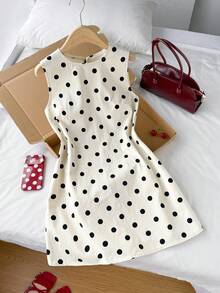 Comfortcana Plus Size Women's Polka Dot Pattern Sleeveless Denim Dress,Beige Summer Cute Everyday Casual Outfits,Elegant Party Beach Vacation Ceremony Clothing - Black and White - View 4