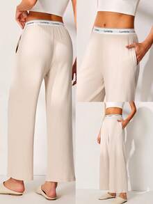LUVLETTE Sport Style Women Earth Tones Soft Cotton Ribbed Wide Fit Lounge Bottom Airy Cozy Pants With Pockets As Outerwear Culotte Pajamas - Beige - View 2