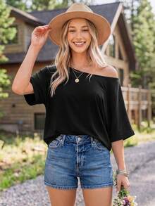 Coeurva Women Black T-Shirt Asymmetric Neck Relaxed Fit Solid Color Back To School Campus Charming Attractive Spring Dinner Fitted Downtown Casual - Black - View 1