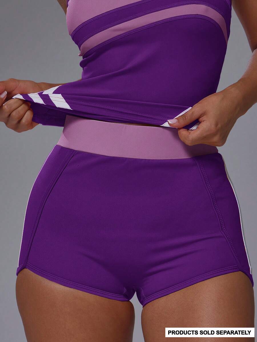 Musera Sport 對比色腰帶側條縫線細節運動迷你短褲套裝下身單件 健身運動 皮拉提斯 跑步 Slowburn - 紫色 - 查看 1