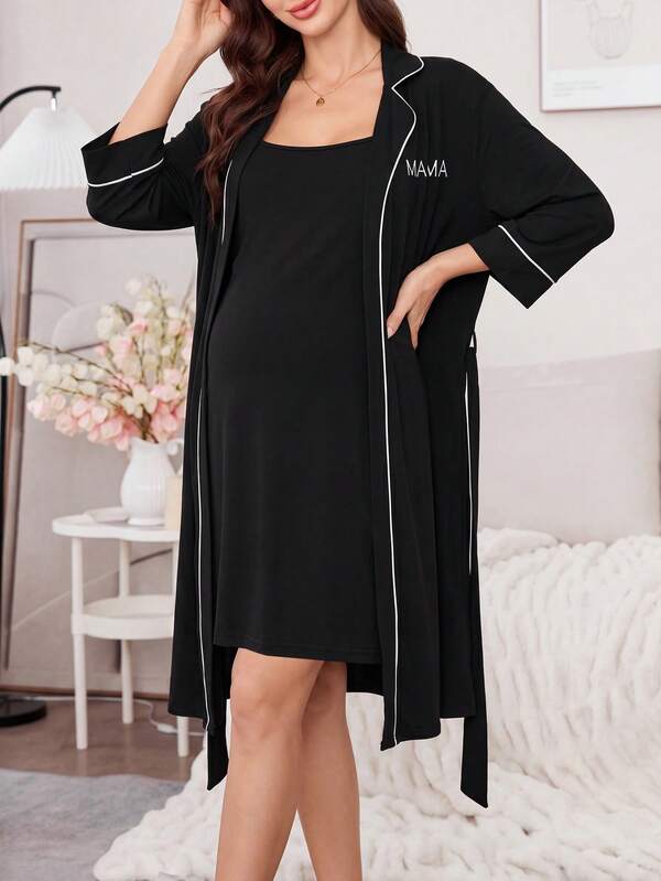 Moonlight&Mama Women's Casual Letter Embroidered Lapel Long Robe + Camisole Dress Maternity Loungewear 2pcs Set