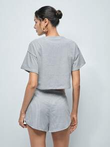 Softvol Set de 2 piezas compuesto por top holgado de punto a rayas con abertura lateral y shorts, conjunto informal de ropa de estar en casa - Negro - Ver 2