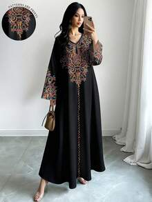 SHEIN Najma 女款彩色藤蔓圖案數位印花黑色時尚V領長袖春秋優雅阿拉伯風洋裝 - 彩色 - 查看 1