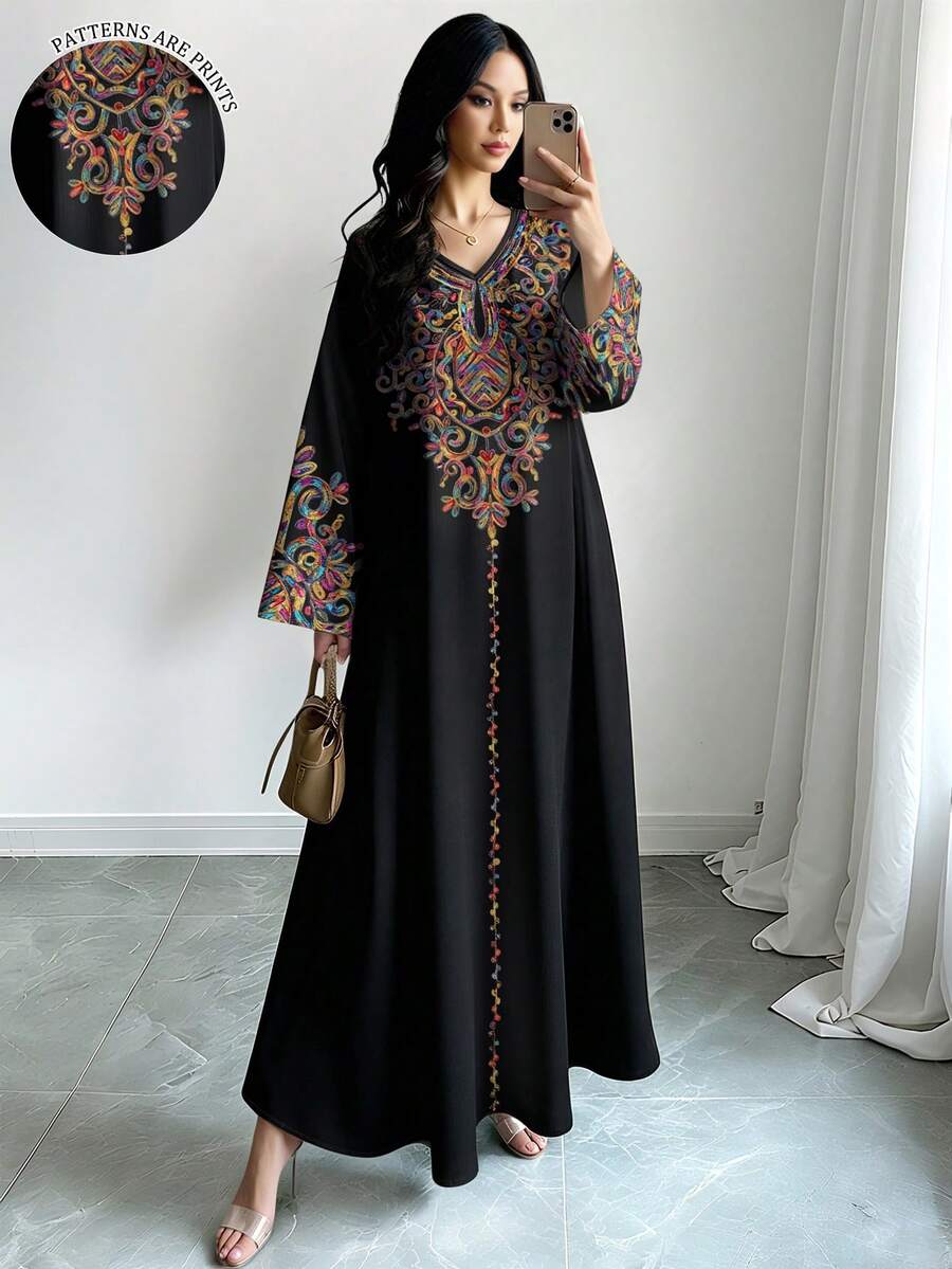 SHEIN Najma 女款彩色藤蔓圖案數位印花黑色時尚V領長袖春秋優雅阿拉伯風洋裝 - 彩色 - 查看 1