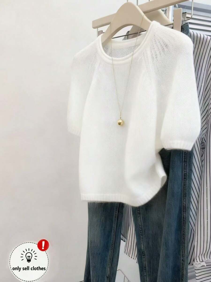 SHEIN 大码女式休闲日常通勤简约纯色泡泡袖针织上衣 - 白色 - 查看 1