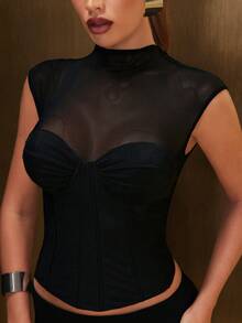 Hauture Women's Sexy Party Corset Bustier Mesh Fitted Bodice Top, Holiday Party, Concerts, Summer Parties, Cocktail Hours, Going Out, Date Nights - Black - View 4