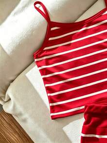 SHEIN 女童白色與紅色條紋套裝，夏季背心與短褲，休閒運動風兩件套 - 彩色 - 查看 5