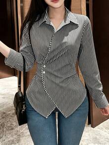 SHEIN 女款純色長袖裹身式襯衫，春秋女式襯衫 - 黑色 - 查看 3