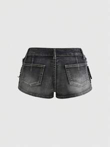 ROMWE Grunge Punk Denim Shorts Retro Big Belt Metal Color-Block Sexy Hot Girl Personalized Niche - Black - View 2
