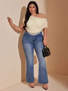 SHEIN BAE Body de mujer talla grande con hombro asimétrico y cuello con volantes para primavera y verano - Albaricoque - Ver 4