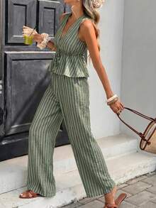 Serisse Casual Minimalist Green Striped Women's 2 Pieces Set Suitable For Summer - Green - View 8