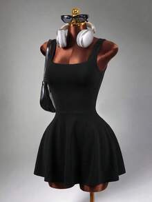Mistrie Women's Solid Color Casual Cross-Back Sports Dress - Black - View 3
