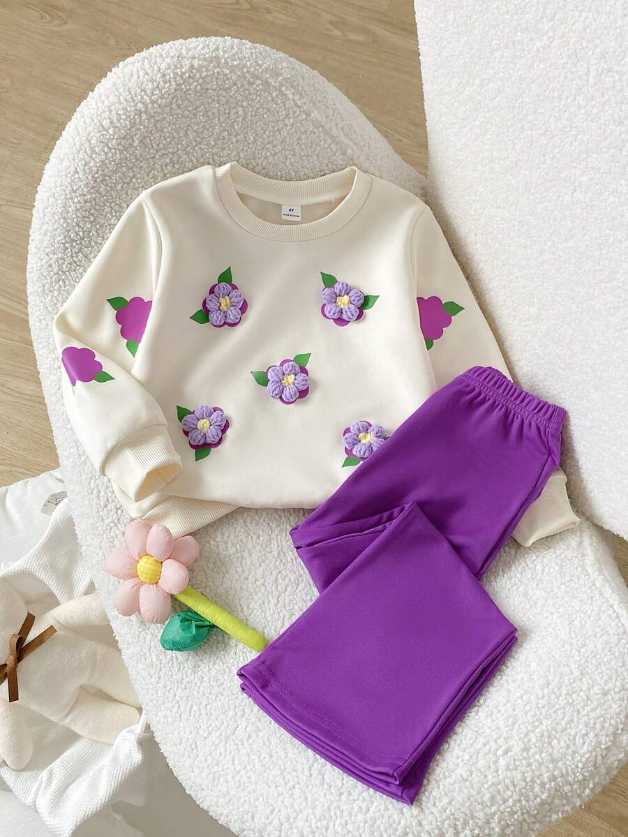 SHEIN 2pcs/Set Girls Sweet Cool 3D Bow Decor Purple Top + Flare Pants ...