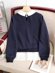 SHEIN 青少年女孩襯衫領刺繡小馬圖案秋冬衛衣 2合1拼接款 - 藏蓝色 - 查看 6